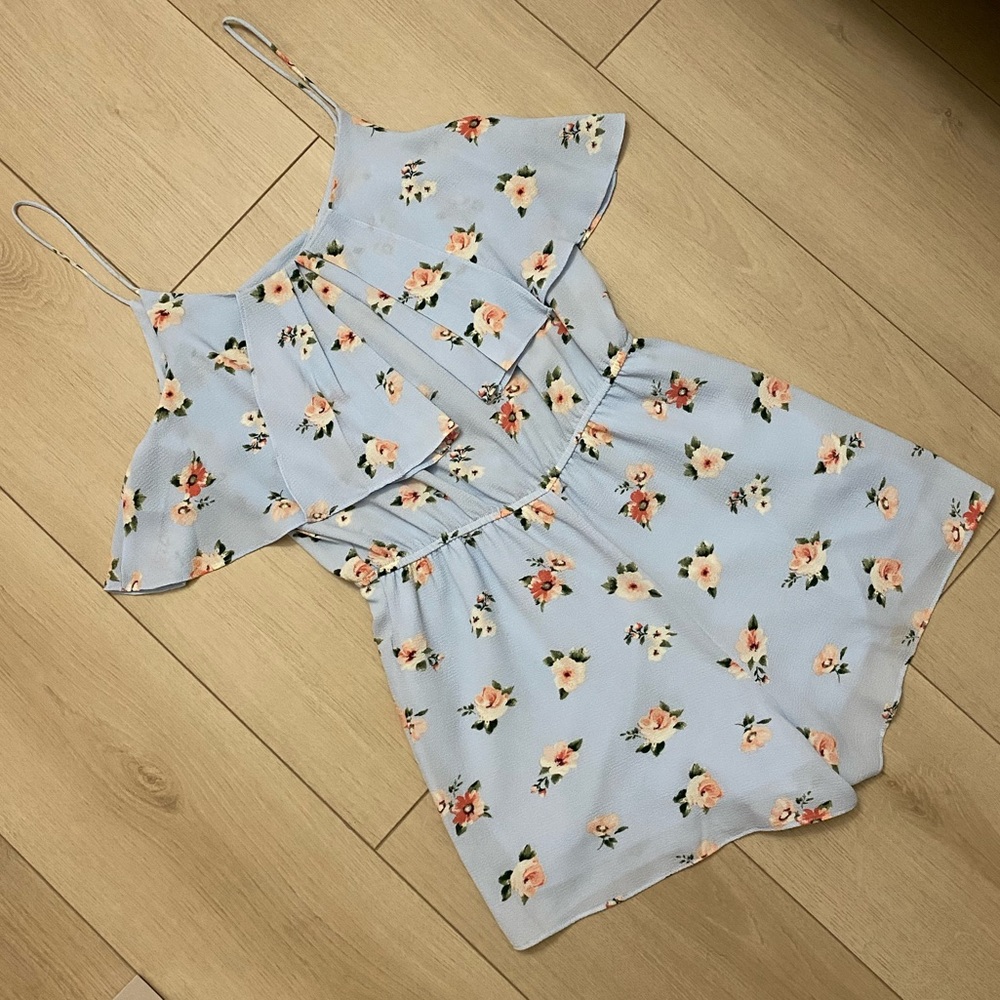 Spaghetti Strap, Off Shoulder, Light Blue, Floral Romper - Size S